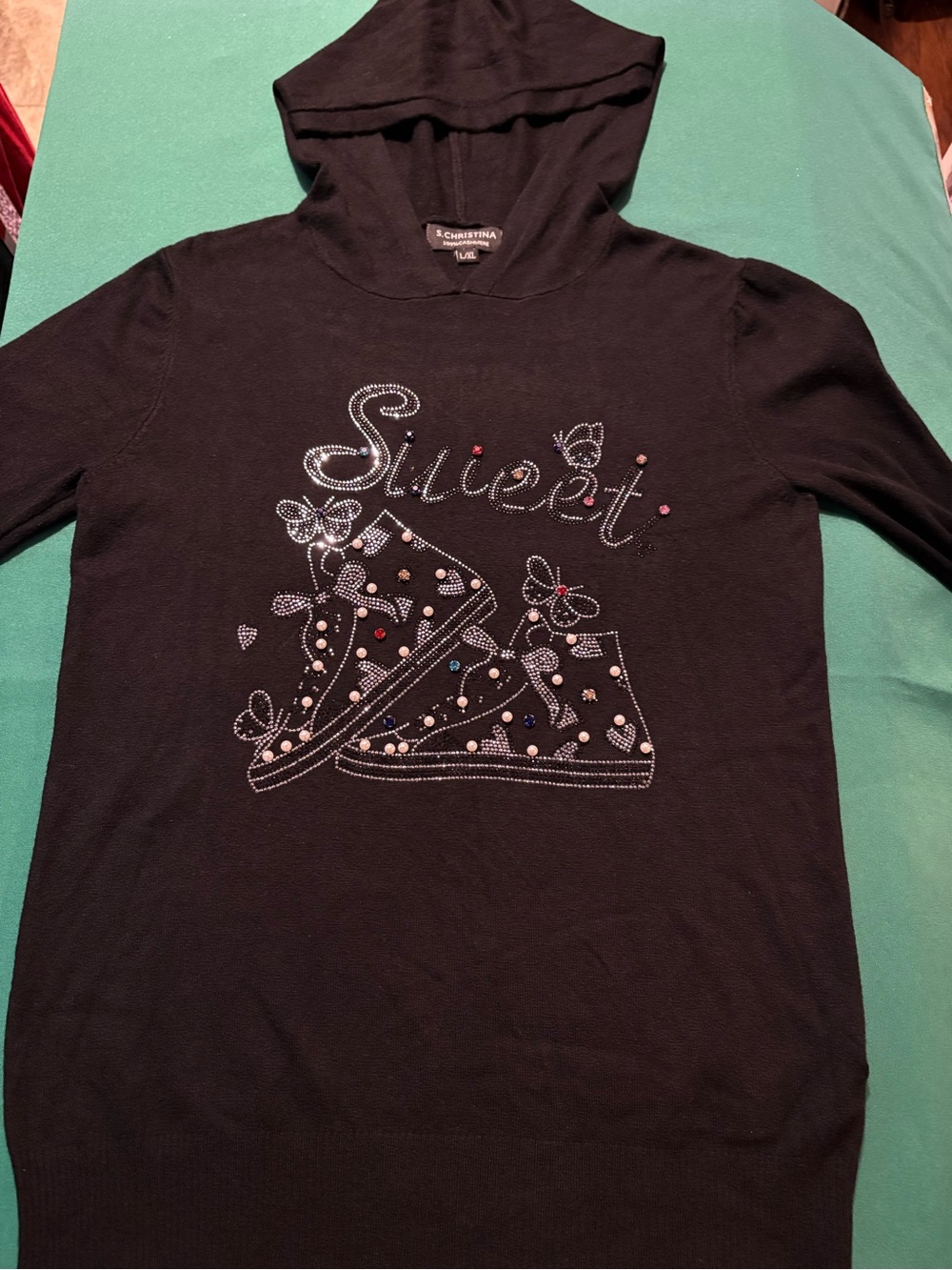 Christina Black Hooded Kids Sweatshirt with Rhinestone Sneaker Graphic
